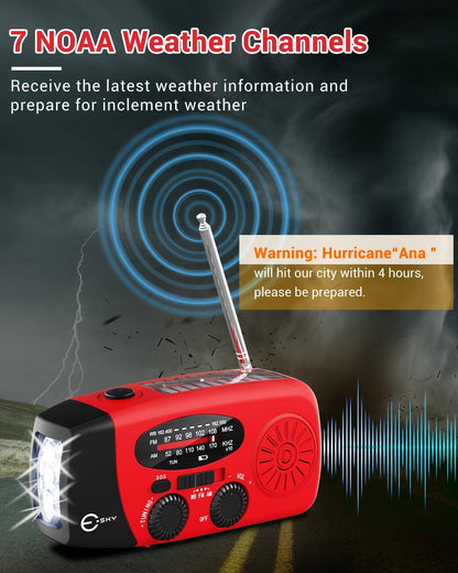 Emergency Hand Crank Radio 7400Mwh with 3 LED Flashlight, AM/FM/NOAA Portable Weather Radio with Built-In 2000Mah Battery, Solar Powered Radio for Indoor Outdoor Survival Camping, SOS Alarm
