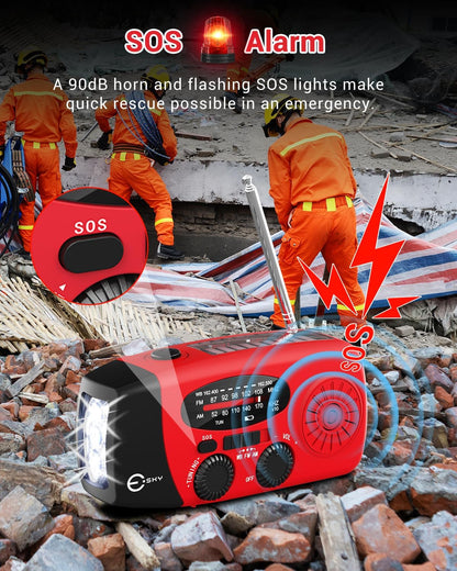 Emergency Hand Crank Radio 7400Mwh with 3 LED Flashlight, AM/FM/NOAA Portable Weather Radio with Built-In 2000Mah Battery, Solar Powered Radio for Indoor Outdoor Survival Camping, SOS Alarm