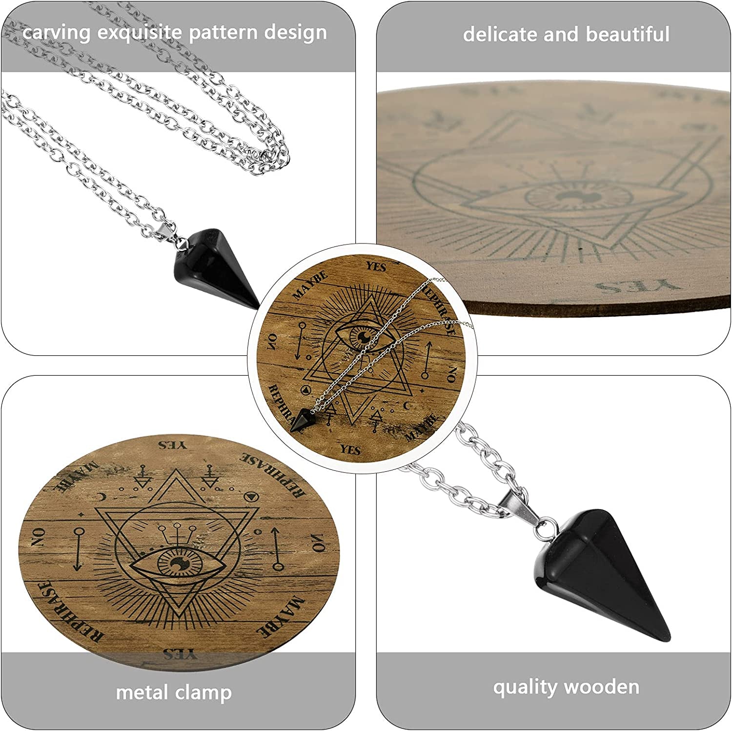 Pendulum Board Set Wooden Dowsing Divination Board Metaphysical Message with Crystal Divinity Pendulum Necklace for Witchcraft Wiccan Wand Altar Supplies, 3.9 Inch(Wood Color)