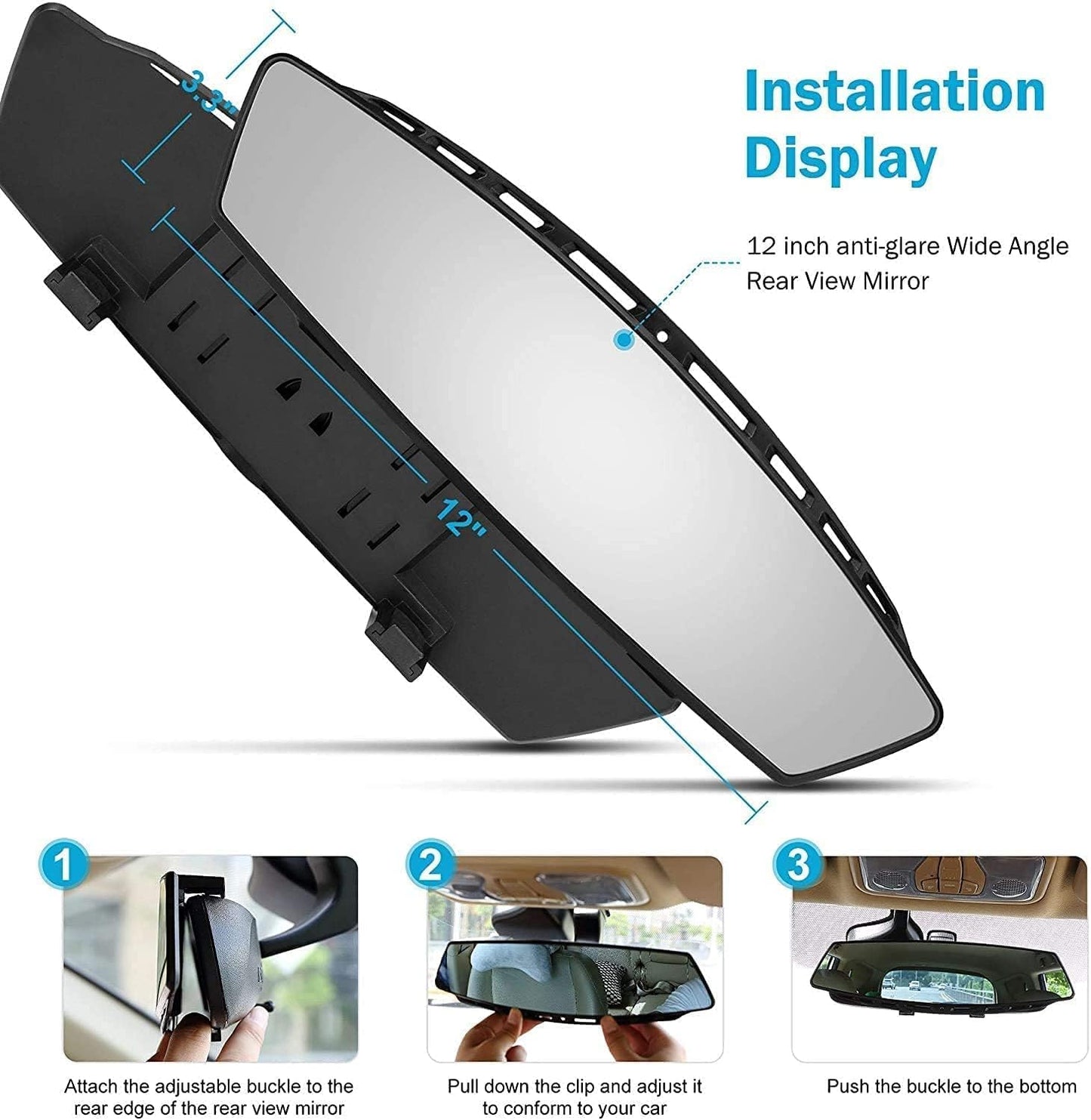 Universal 12 Inch Interior Clip on Panoramic Rearview Car Wide Angle Mirror, anti Glare, Clear Tint