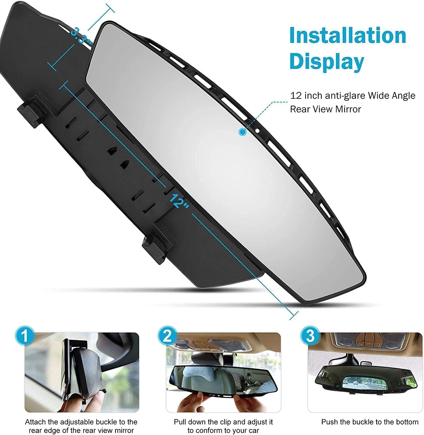 Universal 12 Inch Interior Clip on Panoramic Rearview Car Wide Angle Mirror, anti Glare, Clear Tint